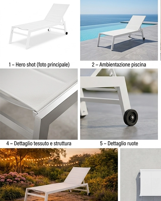Lettino sdraio prendi sole da giardino con ruote in ambientato in spazio living con arredi coordinati - Exagonshop