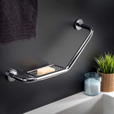 Maniglia vasca con portasapone cromo Architect Cosmic montato a parete, vista del design e della finitura - Industrias Cosmic