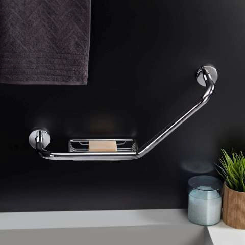 Maniglia vasca con portasapone cromo Architect Cosmic, vista laterale del profilo a muro - Industrias Cosmic