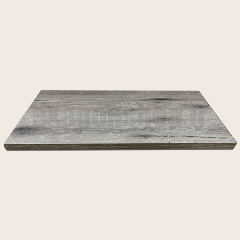 Mensola 60x46 per lavabo appoggio grigio senza foro senza Rovere Fossile con lavabo e rubinetteria, vista frontale su...