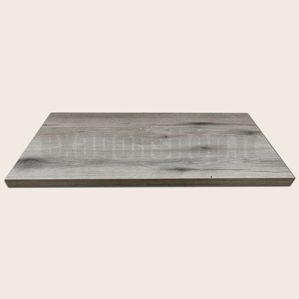 Mensola 60x46 per lavabo appoggio grigio senza foro senza Rovere Fossile con lavabo e rubinetteria, vista frontale su...