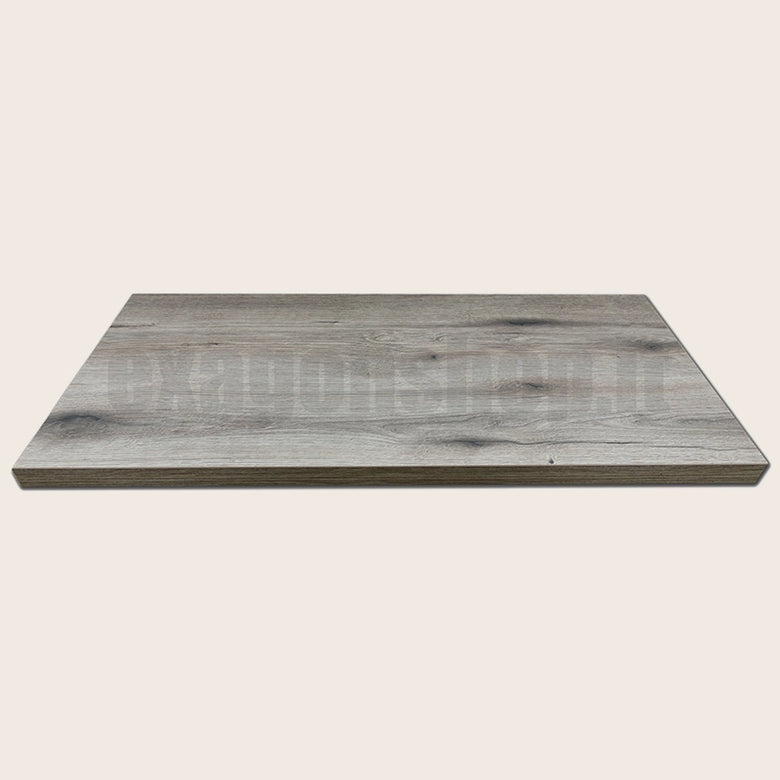 Mensola 60x46 per lavabo appoggio grigio senza foro senza Rovere Fossile con lavabo e rubinetteria, vista frontale su...