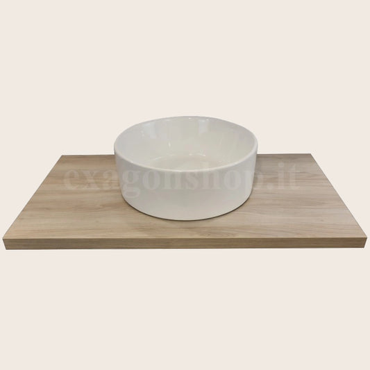 Mensola 90x50 con lavabo tondo 41 cm da appoggio in in naturale con lavabo e rubinetteria, vista frontale su sfondo...