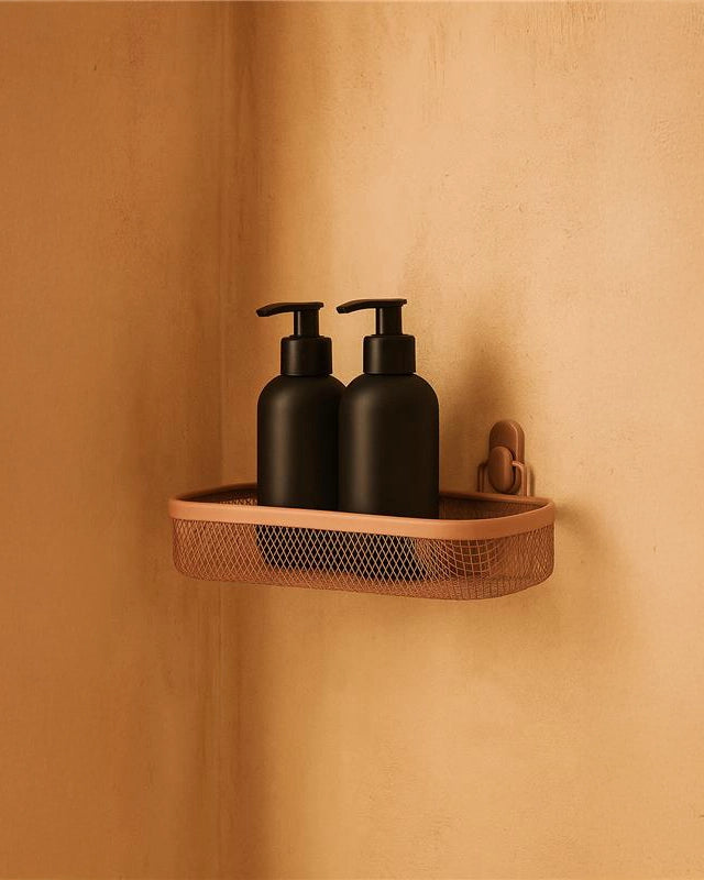 Mensola doccia 1 ripiano mocha Taki installato in bagno moderno con ante in vetro temperato - Exagonshop