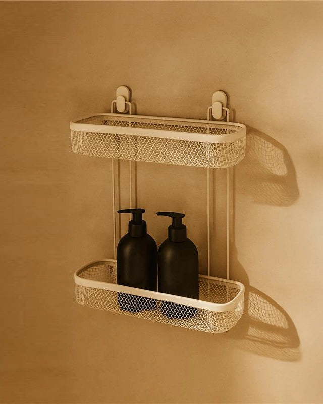 Mensola doccia 2 ripiani crema Taki installato in bagno moderno con ante in vetro temperato - Exagonshop