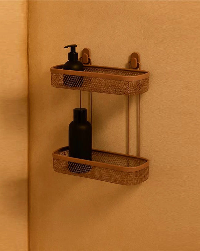 Mensola doccia 2 ripiani mocha Taki installato in bagno moderno con ante in vetro temperato - Exagonshop