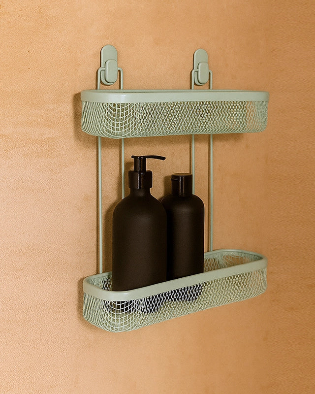 Mensola doccia 2 ripiani verde acqua Taki in opaco installato in bagno moderno con ante in vetro temperato - Exagonshop