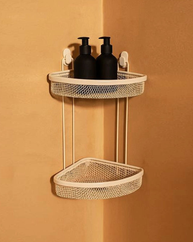 Mensola doccia angolare 2 ripiani bianco Taki in opaco installato in bagno moderno con ante in vetro temperato - Exagonshop