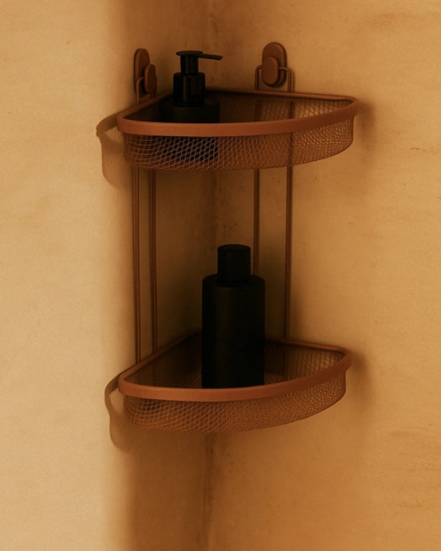 Mensola doccia angolare 2 ripiani mocha Taki installato in bagno moderno con ante in vetro temperato - Exagonshop