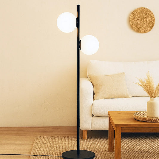 Miloox Jugen black edition lampada a pavimento vetro soffiato bianco e montatura nera