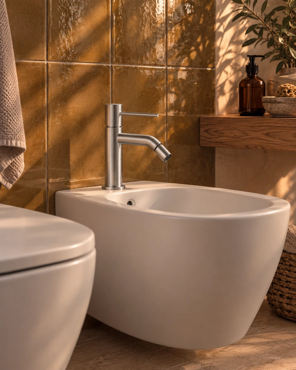 Miscelatore bidet Tokyo nichel spazzolato EXATOKBIDNK, ambientato su bidet