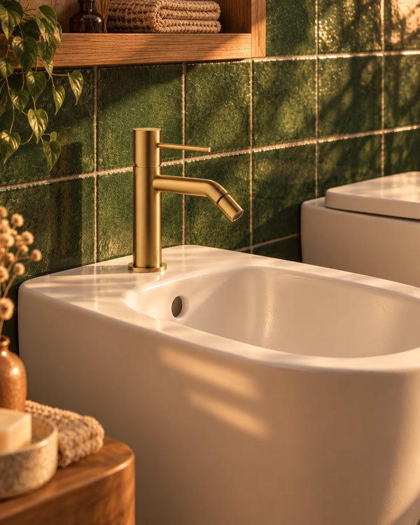 Miscelatore bidet Tokyo oro spazzolato EXATOKBIDOR, ambientato su bidet