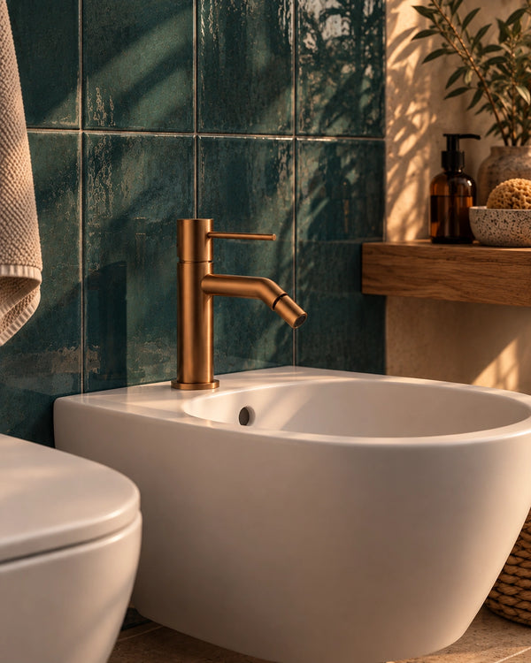 Miscelatore bidet Tokyo rame spazzolato EXATOKBIDRM, ambientato su bidet