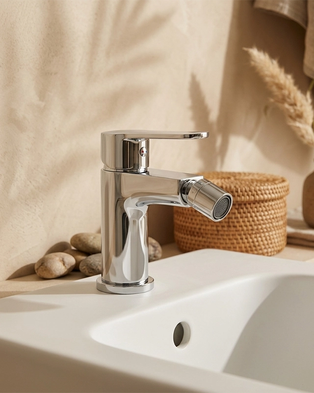 Miscelatore bidet con piletta click clack cromo Eden in lucido e cromato, vista frontale della maniglia e della bocca di...