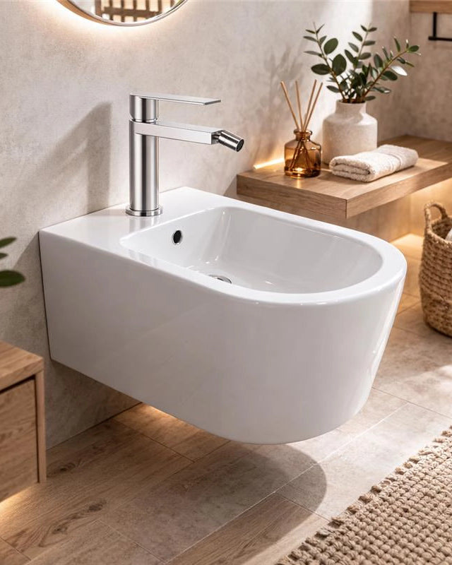 Miscelatore bidet in acciaio inox, vista frontale della maniglia e della bocca di erogazione - Exagonshop