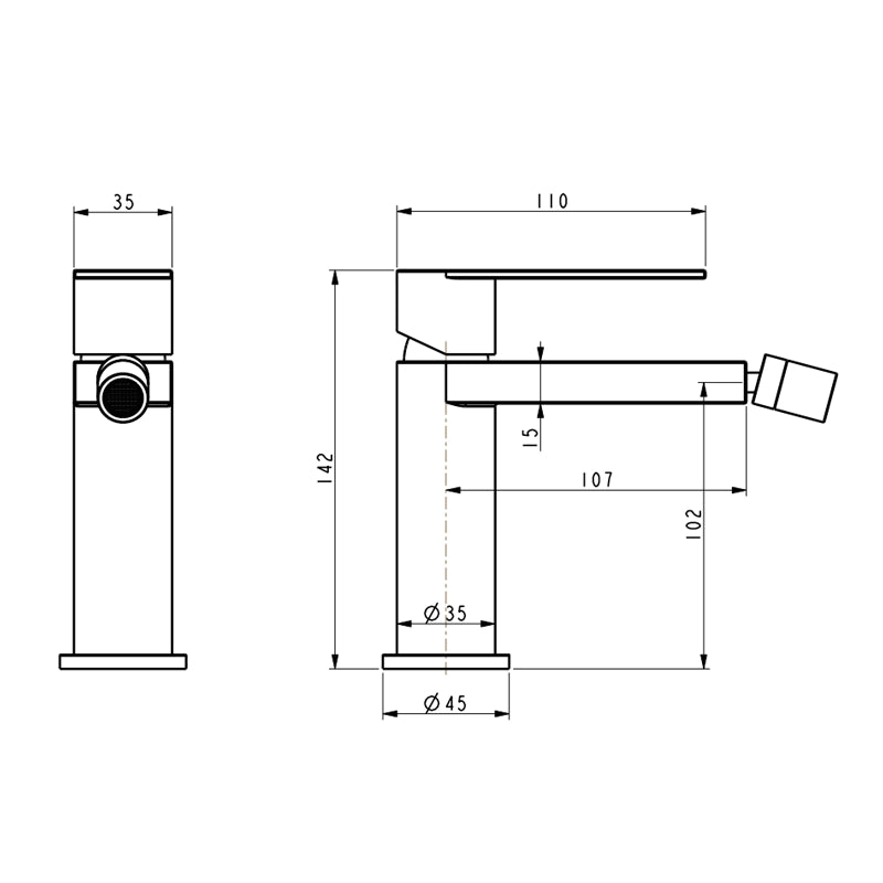 Disegno tecnico con quote di Miscelatore bidet in acciaio inox - Exagonshop