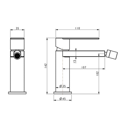 Disegno tecnico con quote di Miscelatore bidet in acciaio inox - Exagonshop