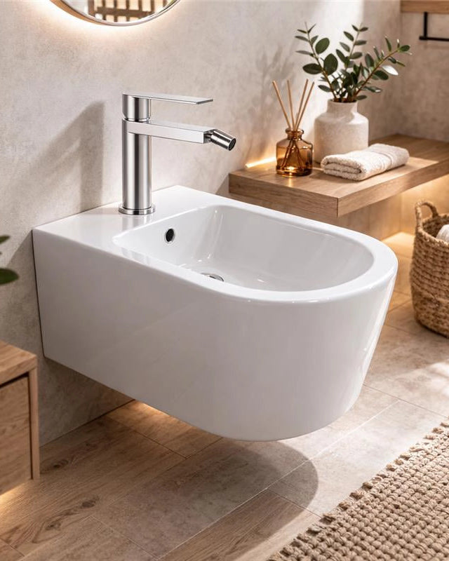 Coppia miscelatori lavabo e bidet in acciaio inox, vista laterale del profilo e della forma - Exagonshop