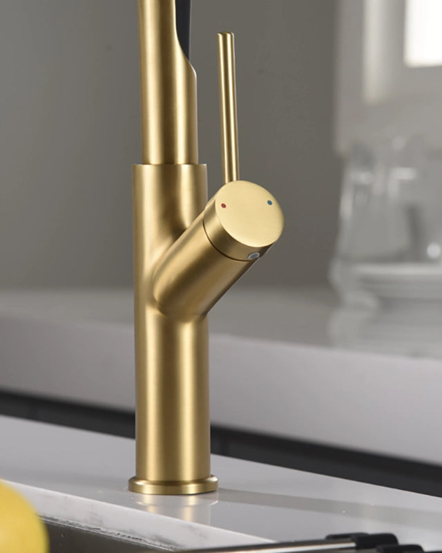 Miscelatore cucina flessibile Imola oro spazzolato, vista laterale della canna girevole - Exagonshop