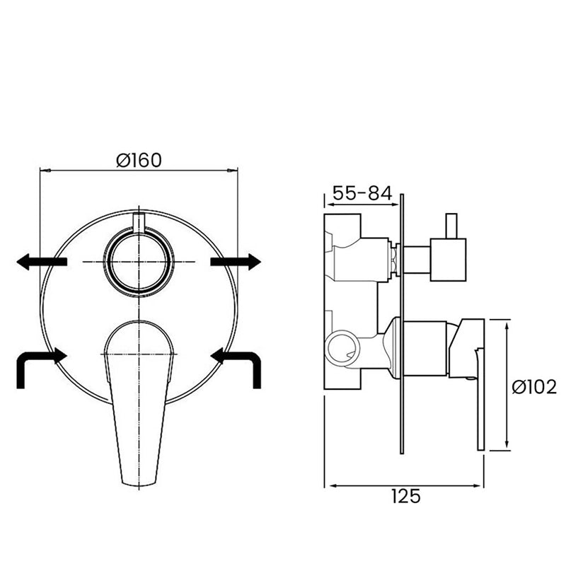 Disegno tecnico con quote di Miscelatore doccia incasso con deviatore cromo Eden - Exagonshop