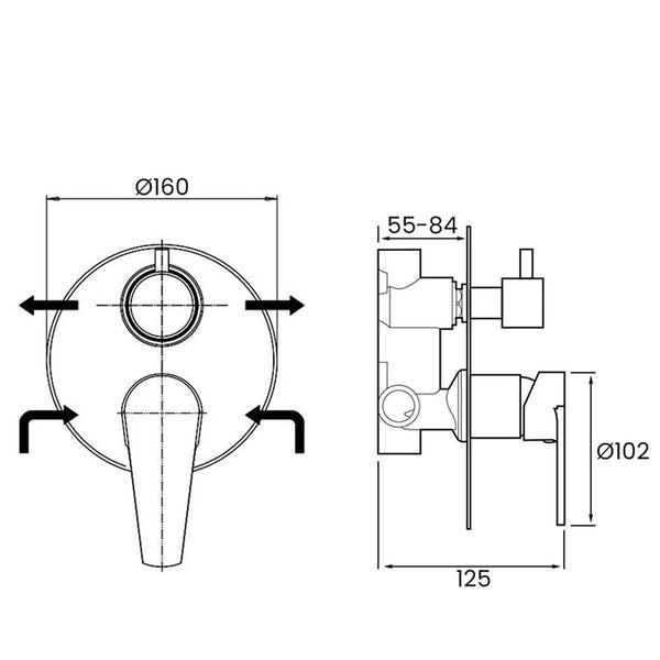 Disegno tecnico con quote di Miscelatore doccia incasso con deviatore cromo Eden - Exagonshop