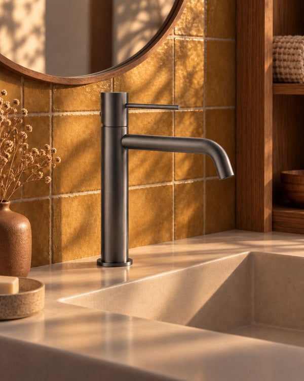 Miscelatore lavabo Tokyo grigio metallico PVD EXATOKFUC, ambientato su lavabo da bagno