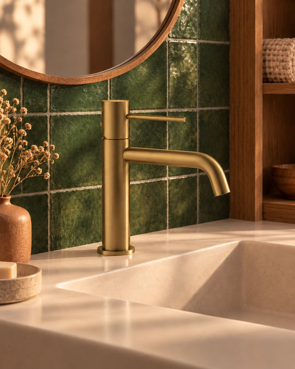 Miscelatore lavabo Tokyo oro spazzolato del set CPTOKYORO, ambientato su lavabo