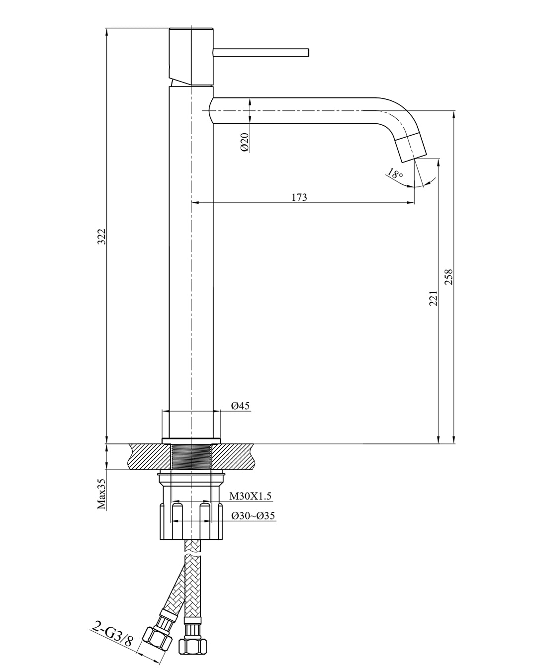 Miscelatore lavabo alto Tokyo in ottone nichel spazzolato