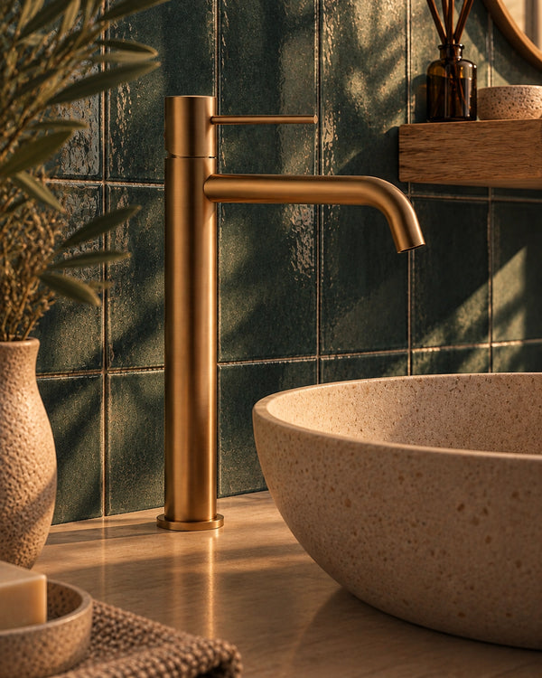 Miscelatore lavabo alto Tokyo rame spazzolato del set CPTOKALTORAM, ambientato su lavabo a ciotola