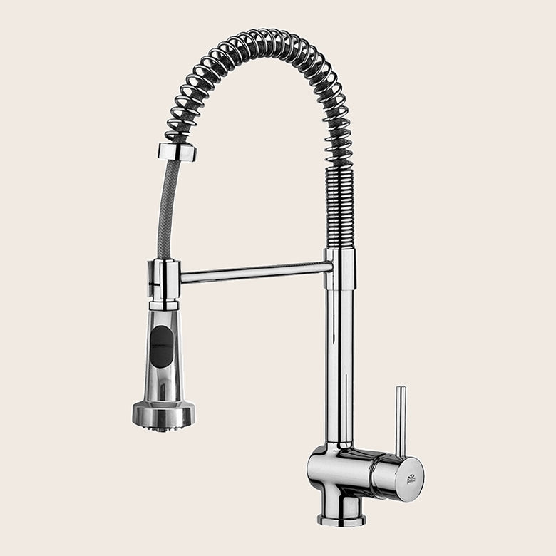 Miscelatore lavello Professionale con doccia flessibile Cromo Lucido in abs e cromato installato su lavello, vista della...