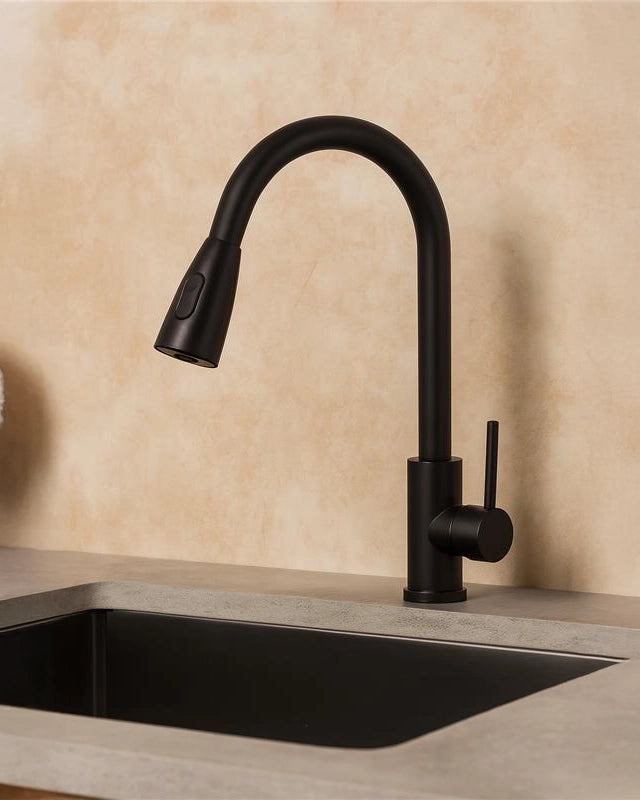 Miscelatore lavello doccetta 2 jet estraibile nero opaco in acciaio inox installato su lavello, vista della bocca e della...