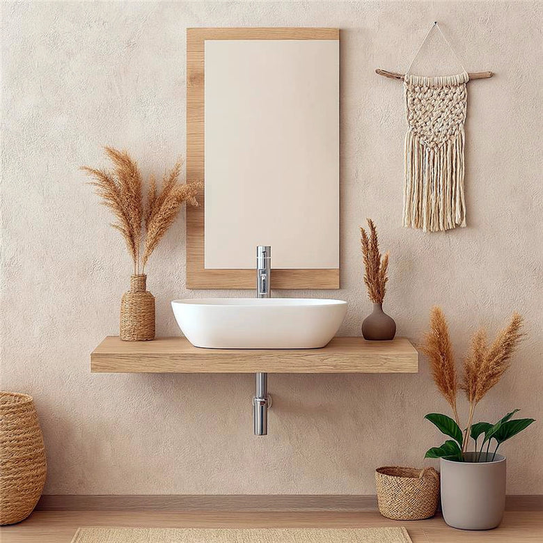 Mobile Bagno 120x50 rovere con mensola lavabo in ceramica e con lavabo e rubinetteria, vista frontale su sfondo neutro...