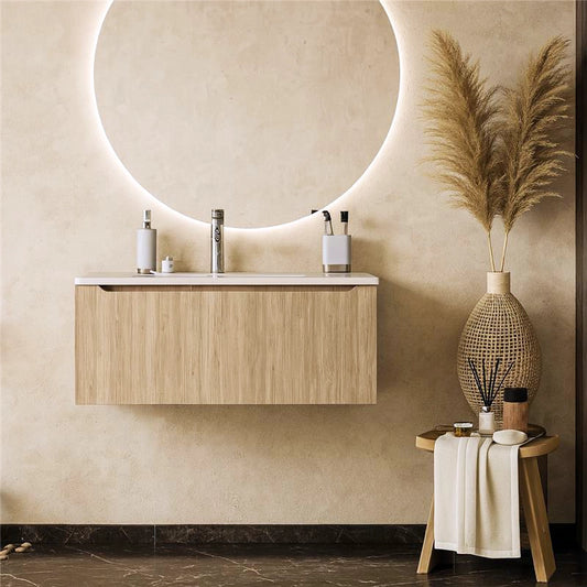 Mobile Bagno Teak 90x50 Amalfi Un Cassetto E Lavabo Integrato In Mineralmarmo