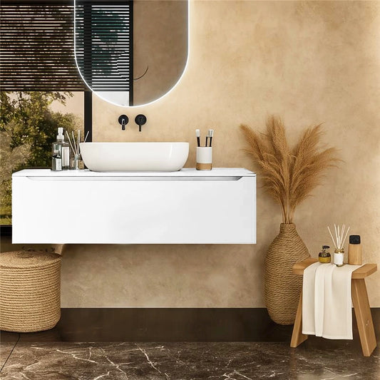 Mobile Bagno bianco opaco 120x50 Amalfi un Cassetto e Lavabo da appoggio in ceramica