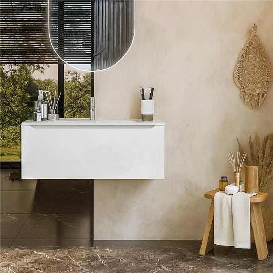 Mobile Bagno bianco opaco 90x50 Amalfi Un Cassetto E Lavabo Integrato In Mineralmarmo