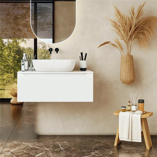 Mobile Bagno bianco opaco 90x50 Amalfi Un Cassetto e Lavabo da appoggio in ceramica