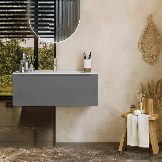 Mobile Bagno grigio opaco 90x50 Amalfi Un Cassetto E Lavabo Integrato In Mineralmarmo
