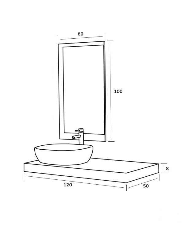 Mobile Bagno 120x50 rovere con mensola lavabo in ceramica e, vista laterale della struttura sospesa - Exagonshop