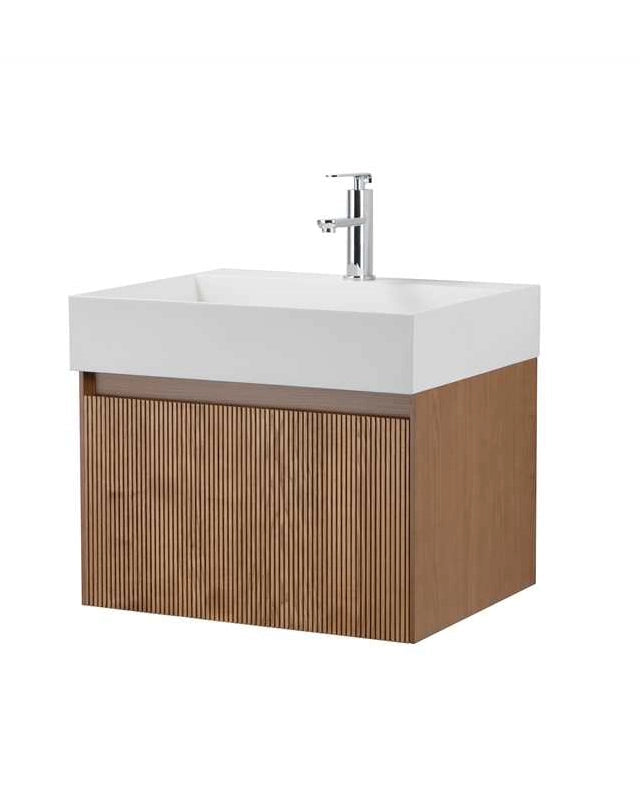 Mobile bagno 60x48 Madrid cannettato un cassetto quercia con lavabo e rubinetteria, vista frontale su sfondo neutro...
