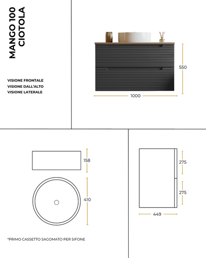Mobile bagno canapa 100x45 Mango top quercia e lavabo appoggio in ceramica lucida