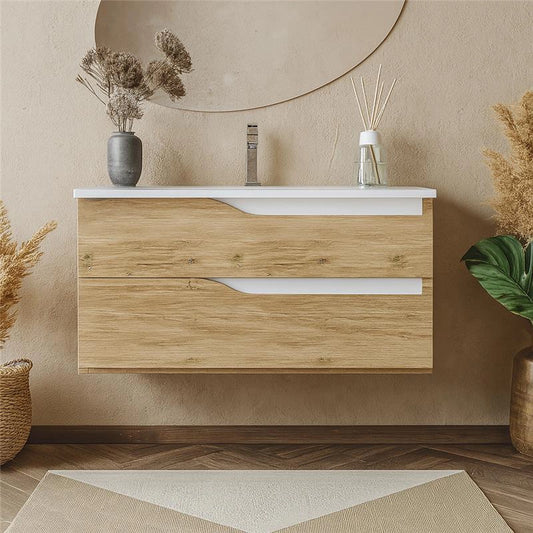 Mobile bagno 100x46 Gaia quercia naturale bianco lucido con lavabo in ceramica