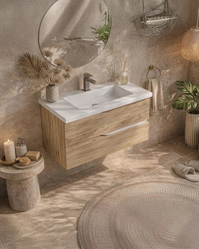 Mobile bagno 100x46 Gaia quercia naturale con lavabo in Rovere Bianco Opaco, dettaglio ravvicinato della finitura e del...