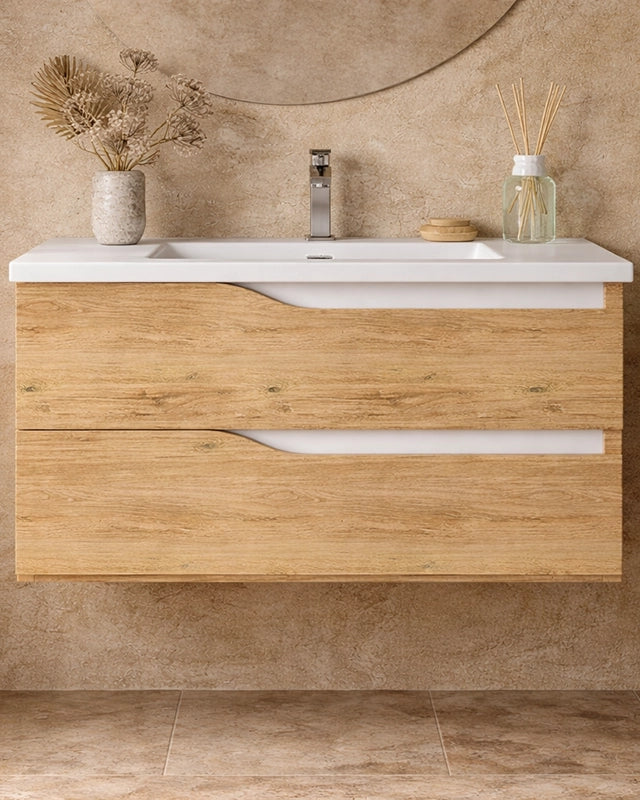 Mobile bagno 100x46 Gaia quercia naturale con lavabo in Rovere Bianco Opaco in lucido con lavabo e rubinetteria, vista...