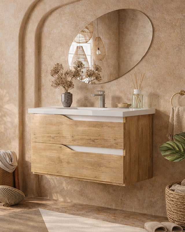 Mobile bagno 100x46 Gaia quercia naturale con lavabo in Rovere Bianco Opaco, vista dall'alto del piano con lavabo...