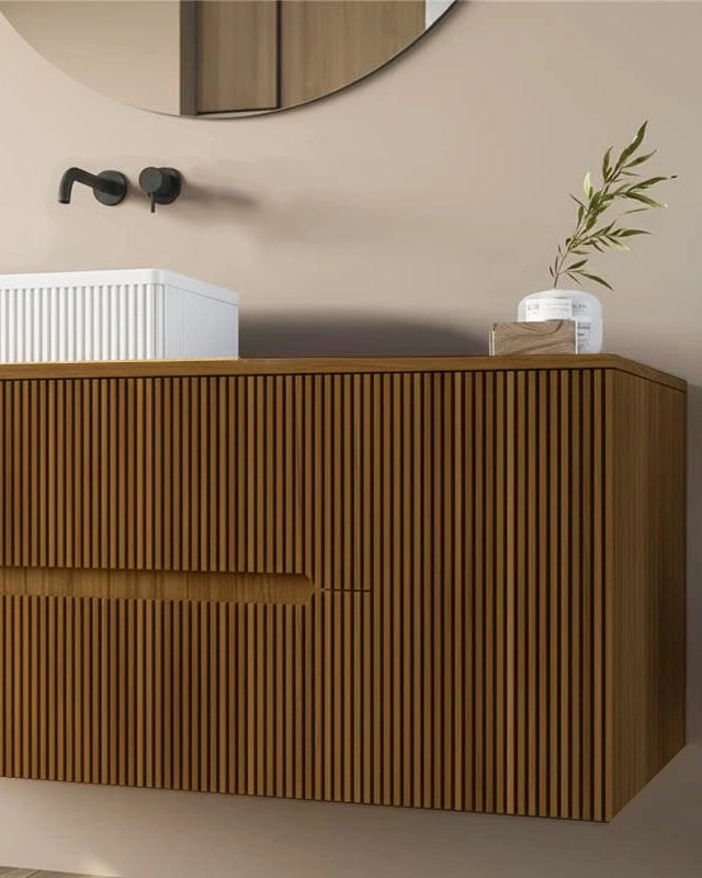 Mobile bagno 100x46 Urbino cannettato noce chiaro con anta, vista dall'alto del piano con lavabo - Exagonshop