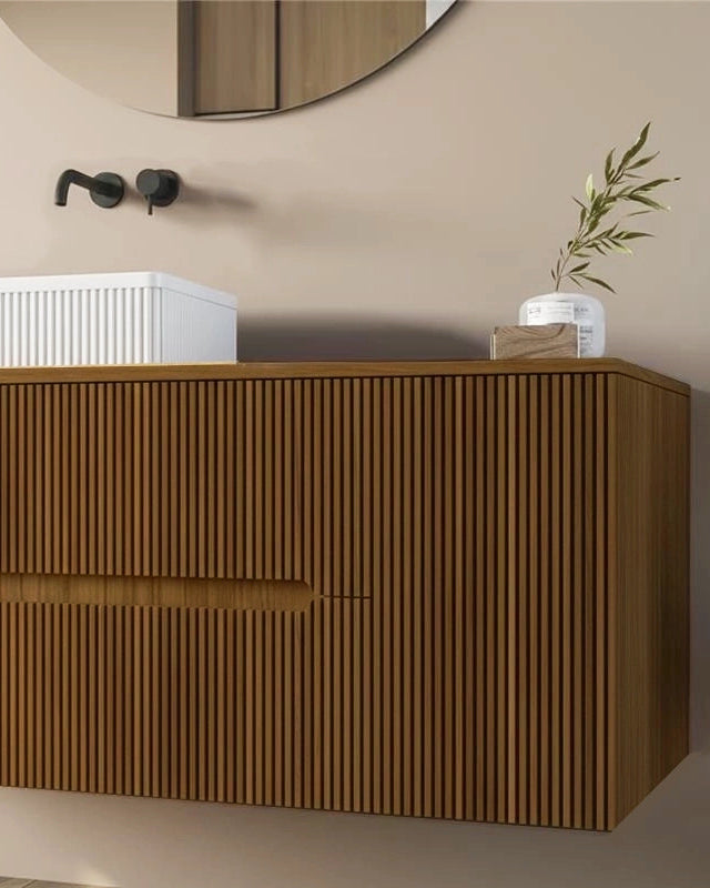 Mobile bagno 120x46 Urbino cannettato noce chiaro con anta, vista dall'alto del piano con lavabo - Exagonshop