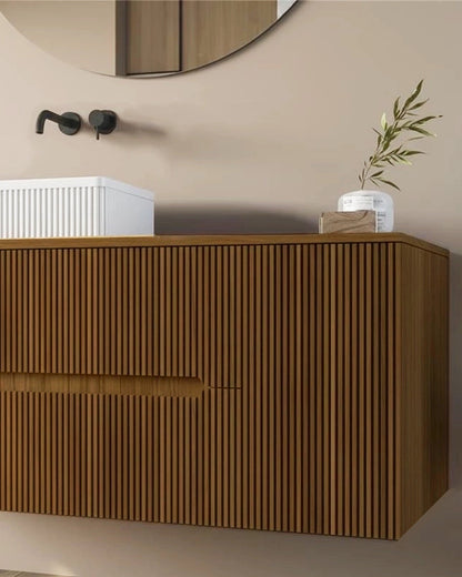 Mobile bagno 120x46 Urbino cannettato noce chiaro con anta, vista dall'alto del piano con lavabo - Exagonshop