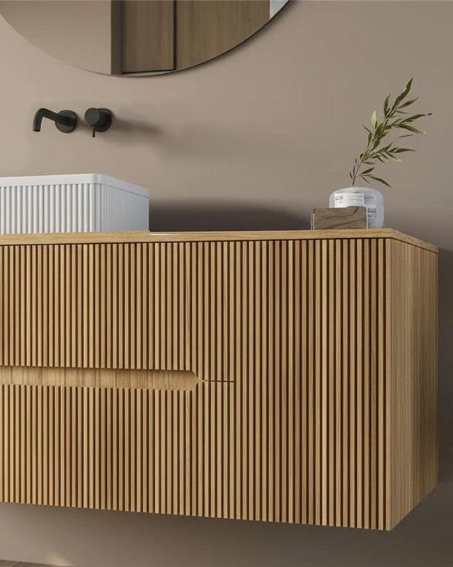 Mobile bagno 100x46 Urbino cannettato rovere con anta e, vista dall'alto del piano con lavabo - Exagonshop