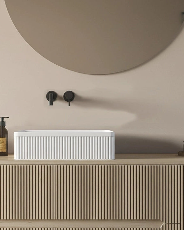 Mobile bagno 100x46 Urbino cannettato tortora opaco con, dettaglio ravvicinato della finitura e del cassetto - Exagonshop