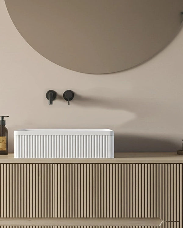 Mobile bagno 100x46 Urbino cannettato tortora opaco con, dettaglio ravvicinato della finitura e del cassetto - Exagonshop